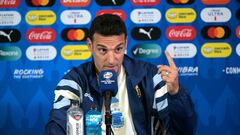 Argentina's coach Lionel Scaloni attends a press conference one day before the Conmebol 2024 Copa America tournament quarter final football match between Argentina and Ecuador at NRG stadium in Houston, Texas on July 3, 2024. (Photo by JUAN MABROMATA / AFP)