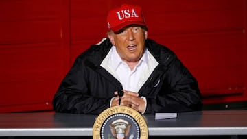 Donald Trump speaks during a briefing at Lake Charles Fire House as he visits nearby areas damaged by Hurricane Laura in Lake Charles, Louisiana.