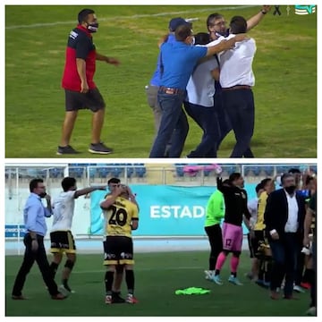 Leonardo Z&uacute;&ntilde;iga (de lentes) aparece celebrando el t&iacute;tulo de Melipilla en la foto de arriba; abajo, aparece en los festejos de Lautaro de Buin, solo un d&iacute;a despu&eacute;s. Mismo caso de Vladen Canales, asesor de ambos clubes (arriba de azul, abajo de camisa).