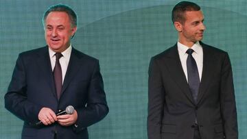 El viceprimer ministro ruso, Vitaly Mutko, junto al presidente de la UEFA, Aleksander Ceferin en la presentaci&oacute;n del logo de la Eurocopa de f&uacute;tbol de 2020 en San Petersburgo (Rusia).