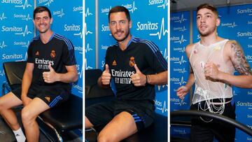 Thibaut Courtois, Eden Hazard y Fede Valverde pasan el reconocimiento médico antes de incorporarse a la pretemporada del Real Madrid en 2021.