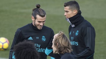 Gareth Bale, Marcelo, Cristiano Ronaldo y Luka Modric, durante el entrenamiento del Real Madrid.