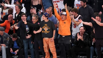 NEW YORK, NEW YORK - MAY 23: Actors Ben Stiller and Timothee Chalamet react court-side during the second quarter in Game Two of the Eastern Conference Finals of the 2025 NBA Playoffs between the Indiana Pacers and the New York Knicks at Madison Square Garden on May 23, 2025 in New York City. NOTE TO USER: User expressly acknowledges and agrees that, by downloading and or using this photograph, User is consenting to the terms and conditions of the Getty Images License Agreement. Elsa/Getty Images/AFP (Photo by ELSA / GETTY IMAGES NORTH AMERICA / Getty Images via AFP)