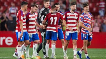 GRANADA, SPAIN - AUGUST 29: Players of Granada CF celebrate victory after the LaLiga Smartbank match between Granada CF and Villarreal CF B at Estadio Nuevo Los Carmenes on August 29, 2022 in Granada, Spain. (Photo by Fermin Rodriguez/Quality Sport Images/Getty Images)