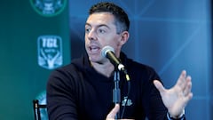 Boston (United States), 06/11/2023.- Team member of Boston Common Golf, Rory McIlroy, takes questions during a press conference announcing the team for The Golf League, at the MGM Music Hall in Boston, Massachusetts, USA, 06 November 2023. EFE/EPA/CJ GUNTHER
