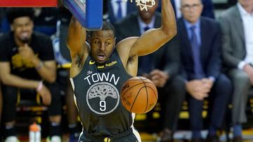 OAKLAND, CALIFORNIA - MAY 16: Andre Iguodala #9 of the Golden State Warriors dunks the ball against the Portland Trail Blazers in game two of the NBA Western Conference Finals at ORACLE Arena on May 16, 2019 in Oakland, California. NOTE TO USER: User expr