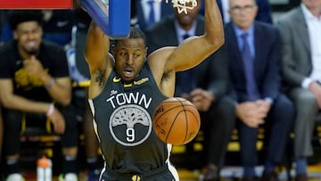 OAKLAND, CALIFORNIA - MAY 16: Andre Iguodala #9 of the Golden State Warriors dunks the ball against the Portland Trail Blazers in game two of the NBA Western Conference Finals at ORACLE Arena on May 16, 2019 in Oakland, California. NOTE TO USER: User expr