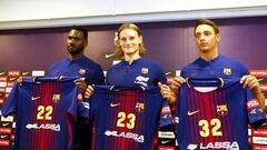 Los tres fichajes del Bar&ccedil;a 2017-18: Alexis Borges (22), Jure Dolenec (23) y Yanis Lenne (32), presentados hoy.