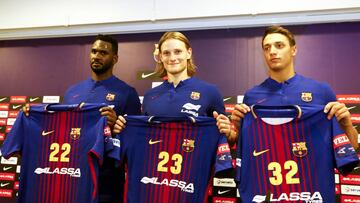 Los tres fichajes del Barça 2017-18: Alexis Borges (22), Jure Dolenec (23) y Yanis Lenne (32), presentados hoy.