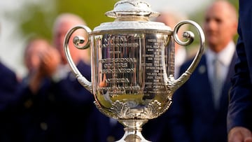 May 21, 2023; Rochester, New York, USA; A detail view of the Wanamaker Trophy after the final round of the PGA Championship golf tournament at Oak Hill Country Club. Mandatory Credit: Adam Cairns-USA TODAY Sports