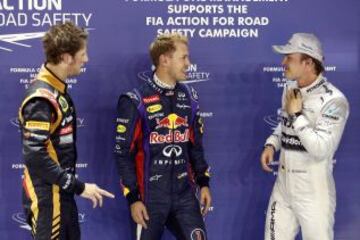 La pole de la carrera, Grosjean, Vettel y Rosberg.