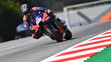 Red Bull KTM 3 Portuguese rider Miguel Oliveira rides during the third practice session ahead of the MotoGP Styrian Grand Prix on August 22, 2020 at Red Bull Ring circuit in Spielberg bei Knittelfeld, Austria. (Photo by JOE KLAMAR / AFP)