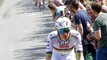 Slovenia's Tadej Pogacar of UAE Team Emirates rides during the Liege-Bastogne-Liege one day cycling race, 252km from Liege, over Bastogne to Liege, on April 27, 2025. (Photo by Etienne GARNIER / Belga / AFP) / Belgium OUT