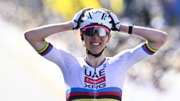 Slovenian Tadej Pogacar of UAE Team Emirates celebrates after winning the men's race of the Tour of Flanders one day cycling race, 268,9km from Brugge to Oudenaarde, on April 6, 2025. (Photo by ERIC LALMAND / Belga / AFP) / Belgium OUT