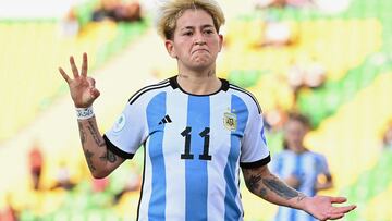 Argentina's Yamila Rodriguez celebrates after scoring her third goal against Uruguay during the Women's Copa America first round football match at the Centenario stadium in Armenia, Colombia, on July 15, 2022. (Photo by Juan BARRETO / AFP)