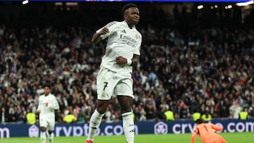 Soccer Football - Champions League - Real Madrid v FC Salzburg - Santiago Bernabeu, Madrid, Spain - January 22, 2025 Real Madrid's Vinicius Junior celebrates scoring their fifth goal REUTERS/Violeta Santos Moura