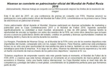 Hisense, nuevo patrocinador oficial del Mundial Rusia 2018