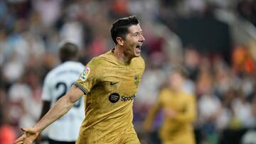 Robert Lewandowski centre-forward of Barcelona and Poland celebrates after scoring his sides first goal ºduring the La Liga Santander match between Valencia CF and FC Barcelona at Estadio Mestalla on October 29, 2022 in Valencia, Spain. (Photo by Jose Breton/Pics Action/NurPhoto via Getty Images)