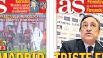 <b>TRISTE FINAL. </b>El 27 de febrero, AS reflejó la derrota en Son Moix. El día 28, la dimisión de Florentino.