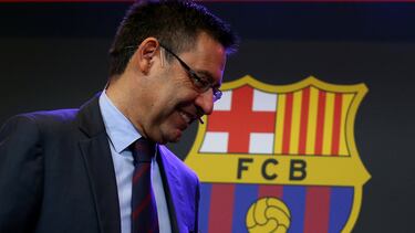 Barcelona's President Josep Maria Bartomeu is seen next to a FC Barcelona's logo during a charity Christmas event "Nujeen's dream" at Camp Nou stadium in Barcelona, Spain, December 14, 2017. REUTERS/Albert Gea