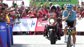 Astana Pro Team's Colombian cyclist, Miguel Angel Lopez Moreno, celebrates as he crosses the finish line winning the 15th stage of the 72nd edition of "La Vuelta" Tour of Spain cycling race, a 129,4 km race from Alcala La Real to Sierra Nevada, Alto Hoya de la Mora, on September 3, 2017. / AFP PHOTO / JOSE JORDAN