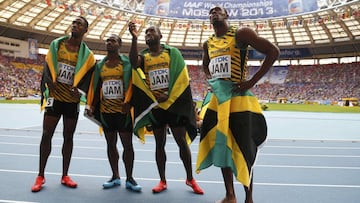 El equipo jamaicano de 4x100 metros en los Mundiales de Moscú.