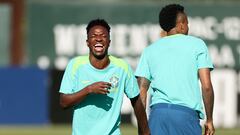 SANTA CLARA, CALIFORNIA - JULY 01: Vinicius Junior of Brazil takes part in a training session ahead of their match against Colombia as part of CONMEBOL Copa America USA 2024 at Levi's Stadium on July 01, 2024 in Santa Clara, California.   Ezra Shaw/Getty Images/AFP (Photo by EZRA SHAW / GETTY IMAGES NORTH AMERICA / Getty Images via AFP)