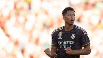 Real Madrid's English midfielder #5 Jude Bellingham celebrates scoring a goal during the Spanish Liga football match between UD Almeria and Real Madrid CF at the Municipal Stadium of the Mediterranean Games in Almeria on August 19, 2023. (Photo by JORGE GUERRERO / AFP)