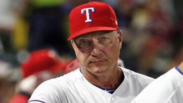 FILE - In this Tuesday, Sept. 18, 2018, file photo, Texas Rangers manager Jeff Banister watches from the dugout during the seventh inning of a baseball game against the Tampa Bay Rays in Arlington, Texas. The Rangers fired Banister on Friday, Sept. 21, 2018.  (AP Photo/Mike Stone, File)