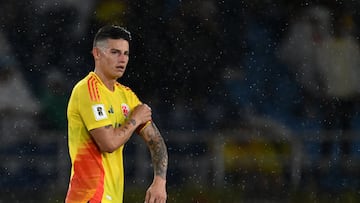 Colombia's midfielder #10 James Rodriguez reacts after losing the 2026 FIFA World Cup South American qualifiers football match between Colombia and Ecuador at the Metropolitano Roberto Melendez stadium in Barranquilla, Colombia, on November 19, 2024. (Photo by Raul ARBOLEDA / AFP)