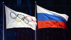 Olympic and Russian flags during the Opening Ceremony of the Sochi Winter Olympics 