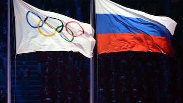 Olympic and Russian flags during the Opening Ceremony of the Sochi Winter Olympics 