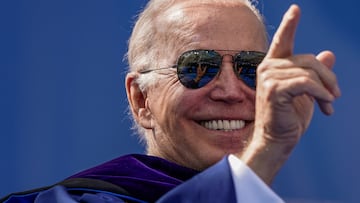 US President Joe Biden gestures during the commencement ceremony at the University of Delaware in Newark, Delaware.