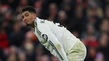 Soccer Football - Champions League - Liverpool v Real Madrid - Anfield, Liverpool, Britain - November 27, 2024 Real Madrid's Jude Bellingham reacts Action Images via Reuters/Lee Smith