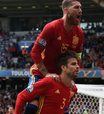 Sergio Ramos (top) celebrates with Gerard Piqué after the defender's goal against the Czech Republic at Euro 2016.