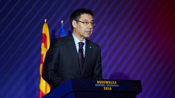 Josep María Bartomeu, durante su intervención en la Asamblea de Compromisarios del FC Barcelona.