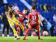 Brian Rodriguez (L) of Tijuana fights of the ball with Aaron Mejia (R) of America during the 2nd round match between America and Tijuana as part of the Liga BBVA MX, Torneo Apertura 2025 at Ciudad de los Deportes Stadium, on July 16, 2025 in Mexico City, Mexico