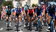 SAINT-ETIENNE, FRANCE - JULY 15: (L-R) Florian Senechal of France and Quick-Step - Alpha Vinyl Team, Nairo Alexander Quintana Rojas of Colombia and Team Arkéa - Samsic and Gregor Mühlberger of Austria and Movistar Team compete during the 109th Tour de France 2022, Stage 13 a 192,6km stage from Le Bourg d'Oisans to Saint-Etienne 488m / #TDF2022 / #WorldTour / on July 15, 2022 in Saint-Etienne, France. (Photo by Alex Broadway/Getty Images)