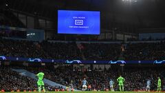 MANCHESTER, ENGLAND - MARCH 12: The LED screen shows the VAR review after Manchester City score their second goal during the UEFA Champions League Round of 16 Second Leg match between Manchester City v FC Schalke 04 at Etihad Stadium on March 12, 2019 in 
