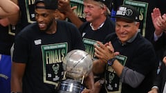 ATLANTA, GEORGIA - JULY 03: Khris Middleton #22 of the Milwaukee Bucks holds the Eastern Conference Championship trophy after defeating the Atlanta Hawks in Game Six of the Eastern Conference Finals at State Farm Arena on July 03, 2021 in Atlanta, Georgia