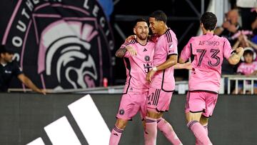 Apr 6, 2024; Fort Lauderdale, Florida, USA; Inter Miami CF forward Lionel Messi (10) celebrates scoring a goal during the first half against the Colorado Rapids at Chase Stadium. Mandatory Credit: Nathan Ray Seebeck-USA TODAY Sports