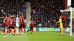 BOURNEMOUTH, ENGLAND - MARCH 11: Jefferson Lerma of AFC Bournemouth heads the ball from the goal line during the Premier League match between AFC Bournemouth and Liverpool FC at Vitality Stadium on March 11, 2023 in Bournemouth, England. (Photo by Luke Walker/Getty Images)
