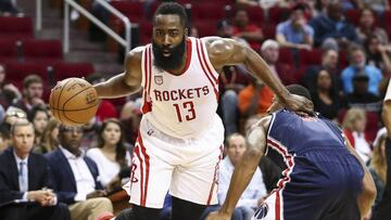 Jan 2, 2017; Houston, TX, USA; Houston Rockets guard James Harden (13) drives to the basket as Washington Wizards guard Bradley Beal (3) defends during the first quarter at Toyota Center. Mandatory Credit: Troy Taormina-USA TODAY Sports
