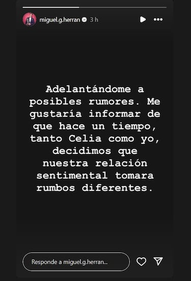 Miguel Herr¨¢n anuncia su ruptura con Celia Pedraza tras ser padres en enero