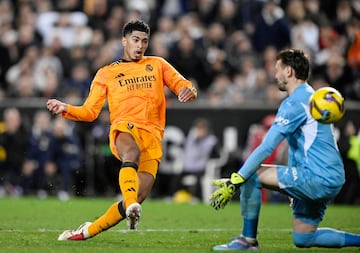 1-2. Error de la zaga del Valencia. Mal pase de Foulquier, Hugo Guillamn no puede controlar el baln y Jude Bellingham solo, en el mano a mano con Dimitievsk,i anota el tanto de la victoria.