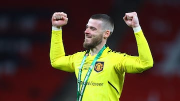 David De Gea, jugador del Manchester United, durante la celebración de la Carabao Cup.