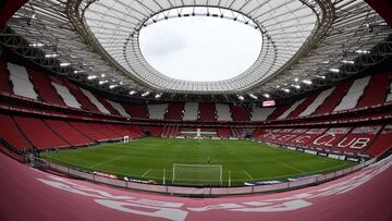 BILBAO, SPAIN - APRIL 28: A general view inside the stadium prior to the La Liga Santander match between Athletic Club and Real Valladolid CF at Estadio de San Mames on April 28, 2021 in Bilbao, Spain. Sporting stadiums around Spain remain under strict re