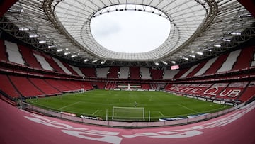 BILBAO, SPAIN - APRIL 28: A general view inside the stadium prior to the La Liga Santander match between Athletic Club and Real Valladolid CF at Estadio de San Mames on April 28, 2021 in Bilbao, Spain. Sporting stadiums around Spain remain under strict re