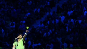 Spain's Carlos Alcaraz serves during his round-robin match against Russia's Andrey Rublev at ATP Finals tennis tournament in Turin on November 15, 2023. (Photo by Tiziana FABI / AFP)
