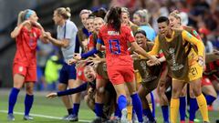 LYON, FRANCE - JULY 02: Alex Morgan of USA celebrates scoring their 2nd goal with team mates during the 2019 FIFA Women&#039;s World Cup France Semi Final match between England and USA at Stade de Lyon on July 2, 2019 in Lyon, France. (Photo by Marc Atkin